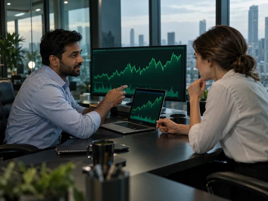 Finance professionals collaborating at their workstation