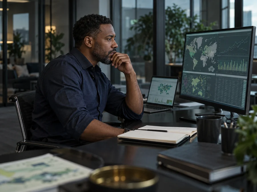Consultant reviewing research on multiple screens