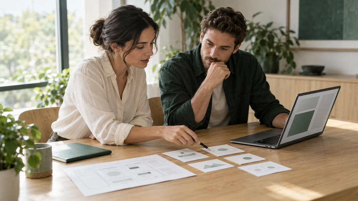 Illustrative business and technical collaborators planning a project at a workshop table.