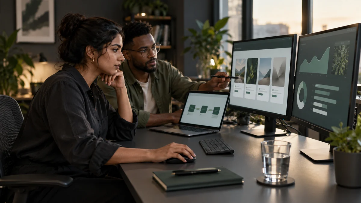 Illustrative collaborators reviewing learning, research, analysis, and connected workflow tools.